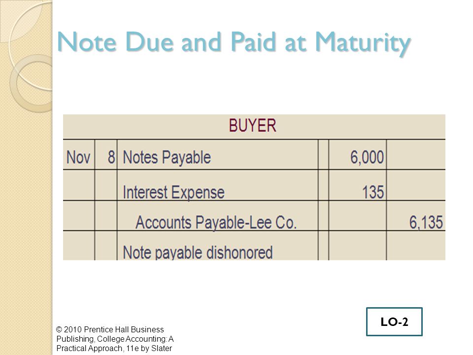 Note Due and Paid at Maturity © 2010 Prentice Hall Business Publishing, College Accounting: A Practical Approach, 11e by Slater LO-2