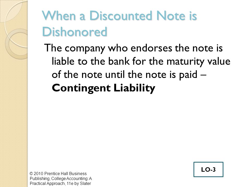 When a Discounted Note is Dishonored The company who endorses the note is liable to the bank for the maturity value of the note until the note is paid – Contingent Liability © 2010 Prentice Hall Business Publishing, College Accounting: A Practical Approach, 11e by Slater LO-3