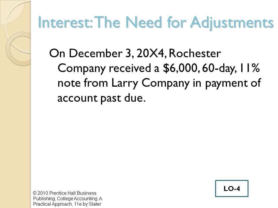 Interest: The Need for Adjustments On December 3, 20X4, Rochester Company received a $6,000, 60-day, 11% note from Larry Company in payment of account past due.