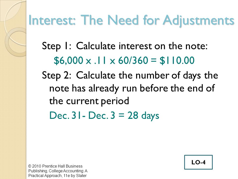 Interest: The Need for Adjustments Step 1: Calculate interest on the note: $6,000 x.11 x 60/360 = $ Step 2: Calculate the number of days the note has already run before the end of the current period Dec.