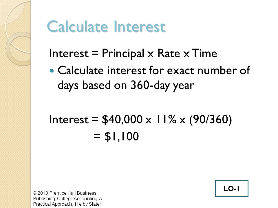 Calculate Interest Interest = Principal x Rate x Time Calculate interest for exact number of days based on 360-day year Interest = $40,000 x 11% x (90/360) = $1,100 © 2010 Prentice Hall Business Publishing, College Accounting: A Practical Approach, 11e by Slater LO-1