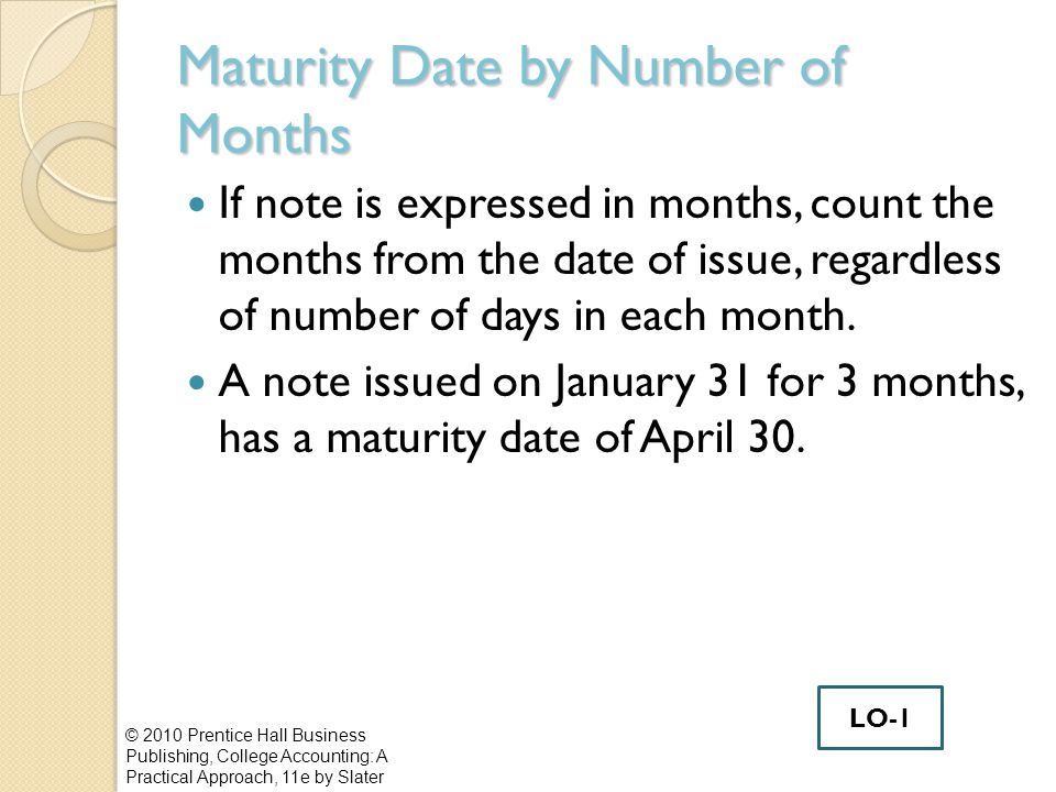 Maturity Date by Number of Months If note is expressed in months, count the months from the date of issue, regardless of number of days in each month.