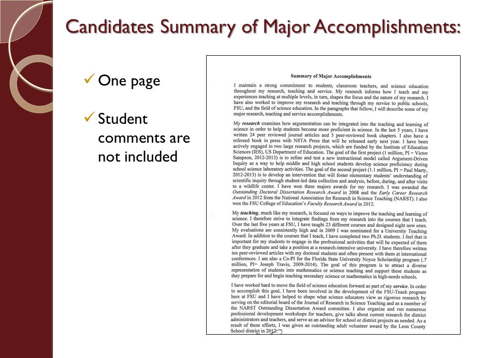 Candidates Summary of Major Accomplishments: One page Student comments are not included
