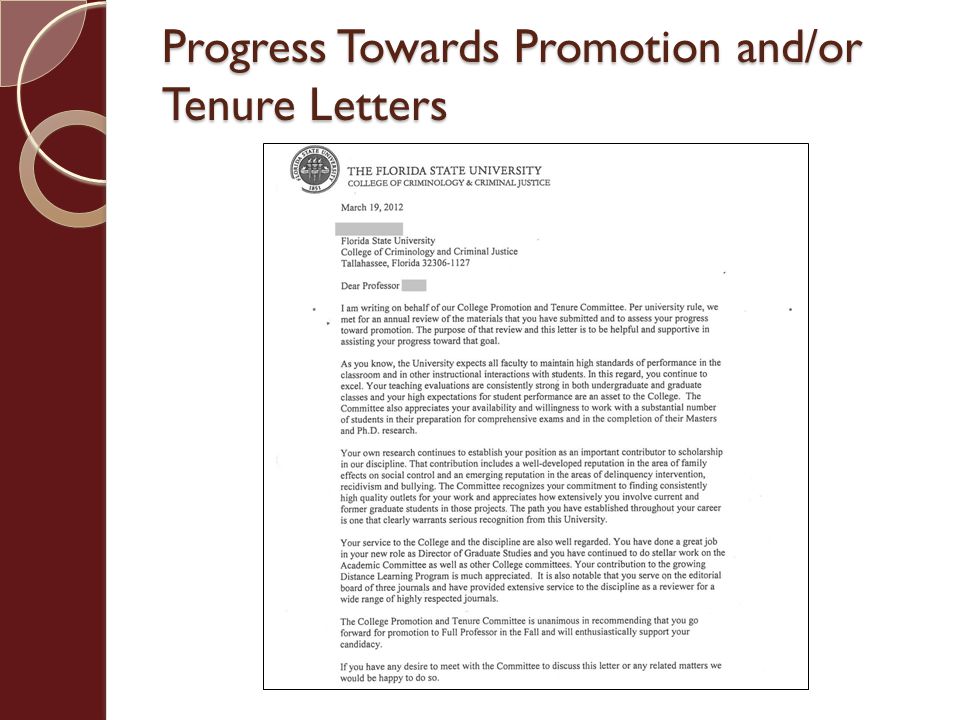 Progress Towards Promotion and/or Tenure Letters