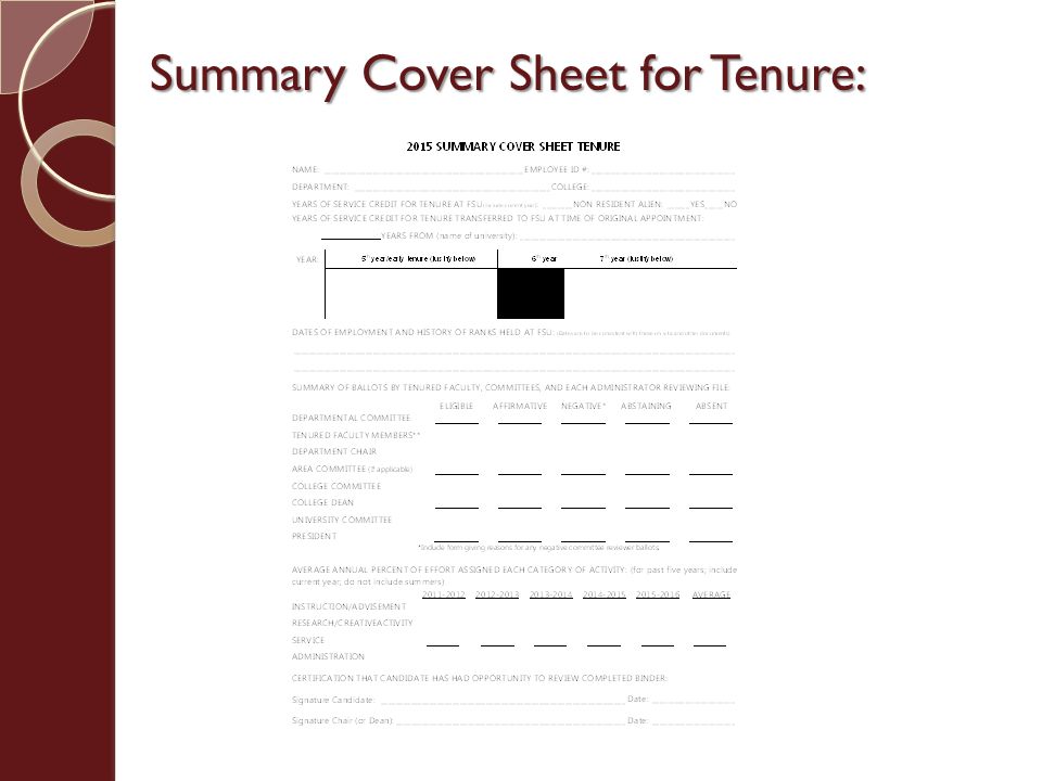 Summary Cover Sheet for Tenure: