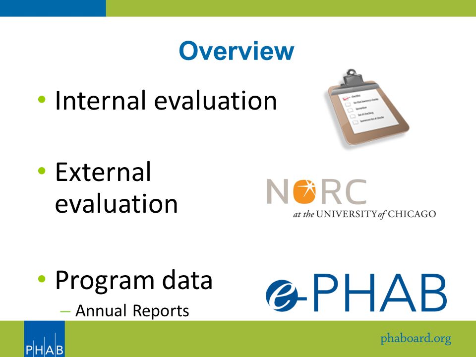 Overview Internal evaluation External evaluation Program data – Annual Reports