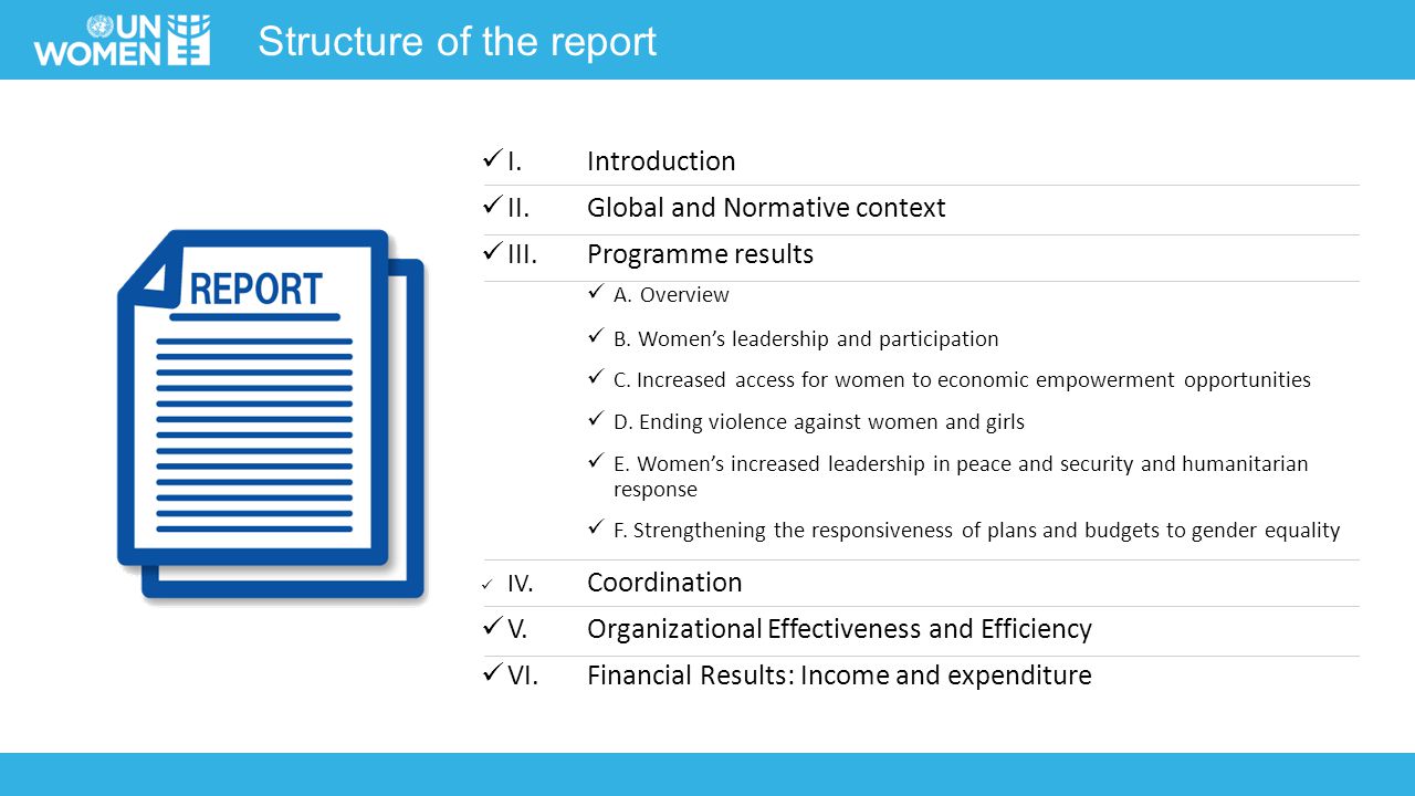 Structure of the report I.Introduction II.Global and Normative context III.Programme results A.