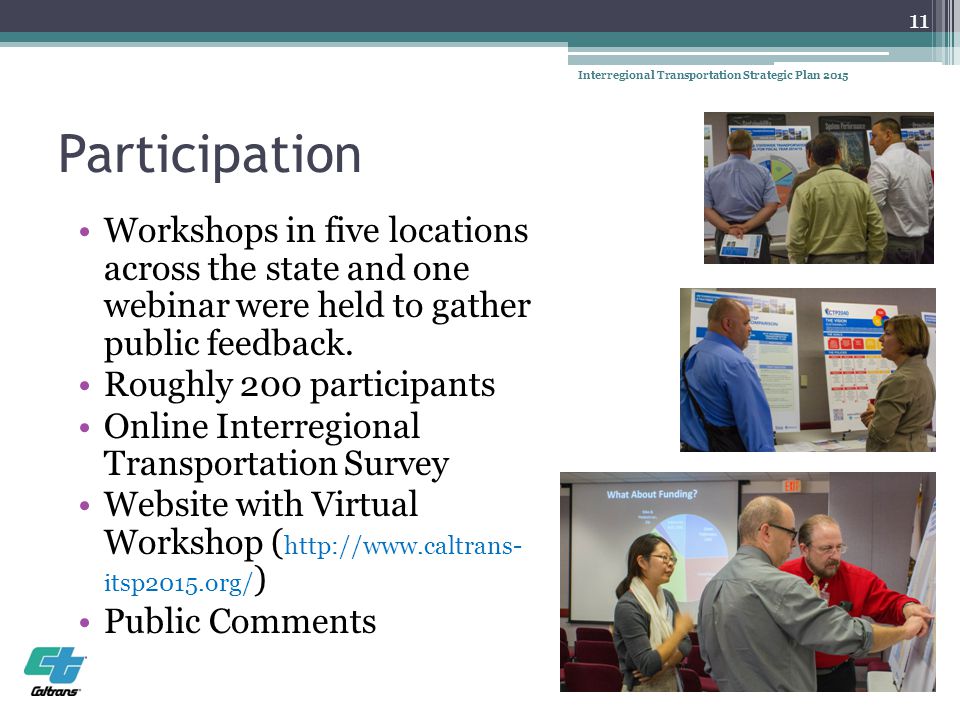 Participation Workshops in five locations across the state and one webinar were held to gather public feedback.