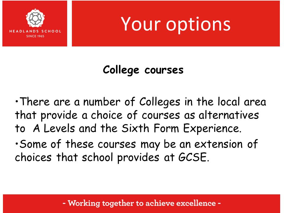 Your options College courses There are a number of Colleges in the local area that provide a choice of courses as alternatives to A Levels and the Sixth Form Experience.