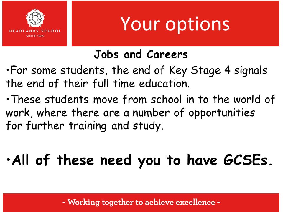 Your options Jobs and Careers For some students, the end of Key Stage 4 signals the end of their full time education.