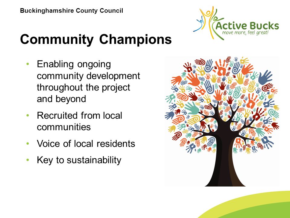 Buckinghamshire County Council Community Champions Enabling ongoing community development throughout the project and beyond Recruited from local communities Voice of local residents Key to sustainability