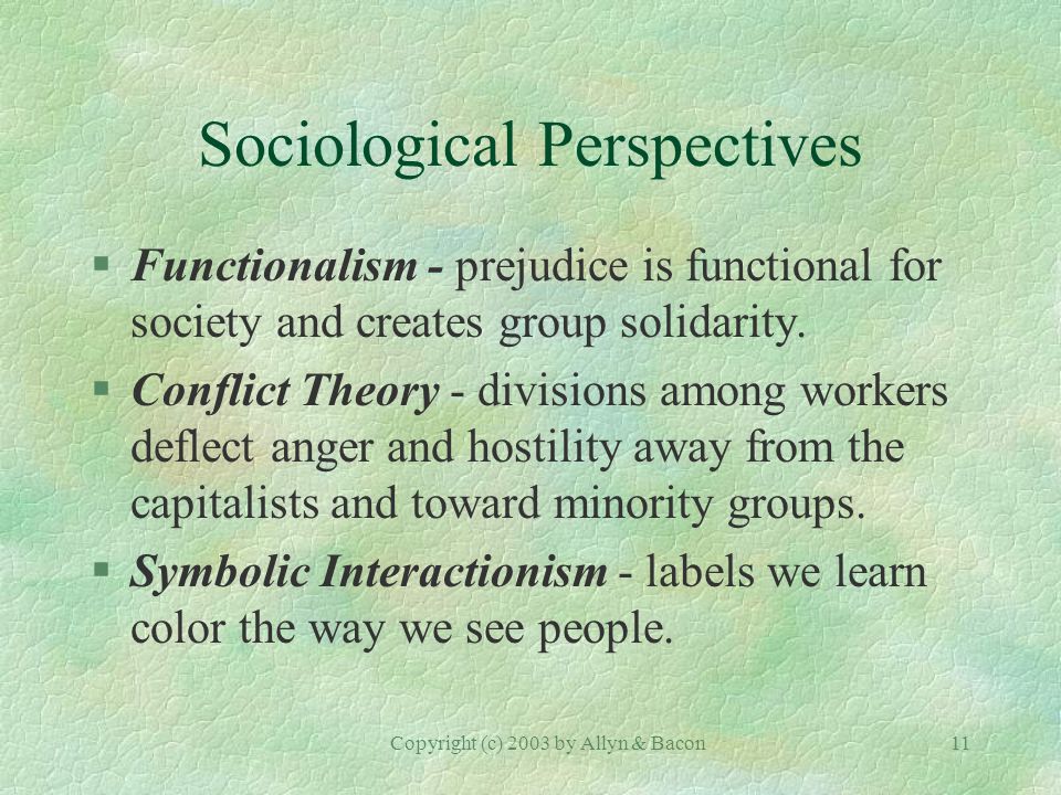 Copyright (c) 2003 by Allyn & Bacon11 Sociological Perspectives §Functionalism - prejudice is functional for society and creates group solidarity.