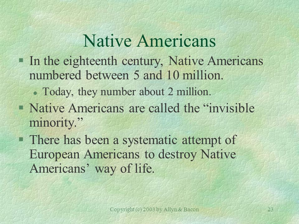 Copyright (c) 2003 by Allyn & Bacon23 Native Americans §In the eighteenth century, Native Americans numbered between 5 and 10 million.