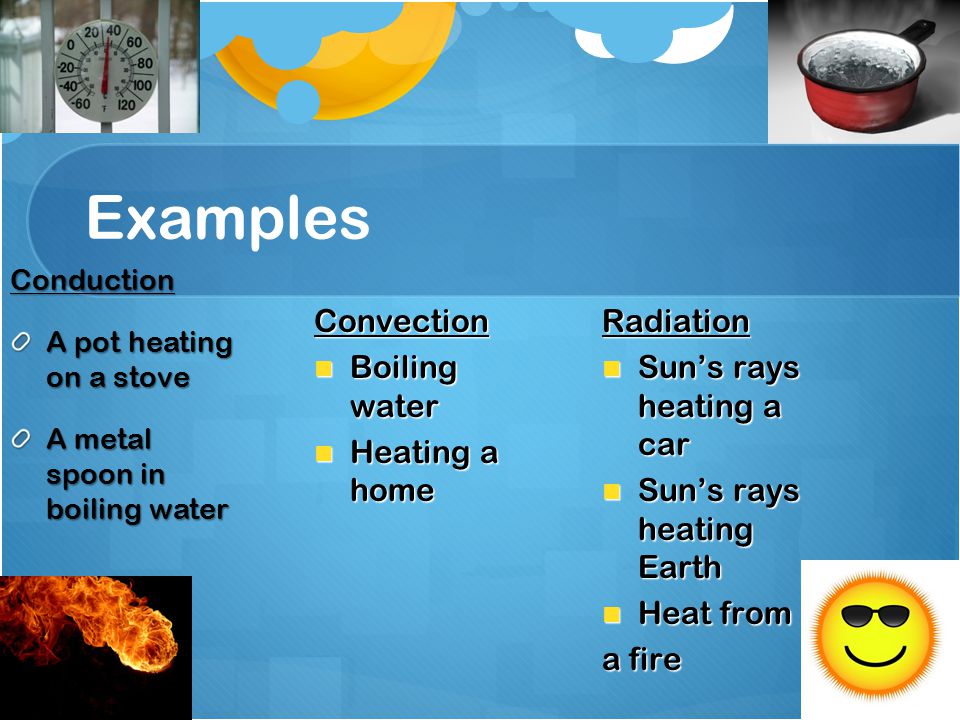 Examples Conduction A pot heating on a stove A metal spoon in boiling water Convection Boiling water Boiling water Heating a home Heating a homeRadiation Sun’s rays heating a car Sun’s rays heating a car Sun’s rays heating Earth Sun’s rays heating Earth Heat from Heat from a fire