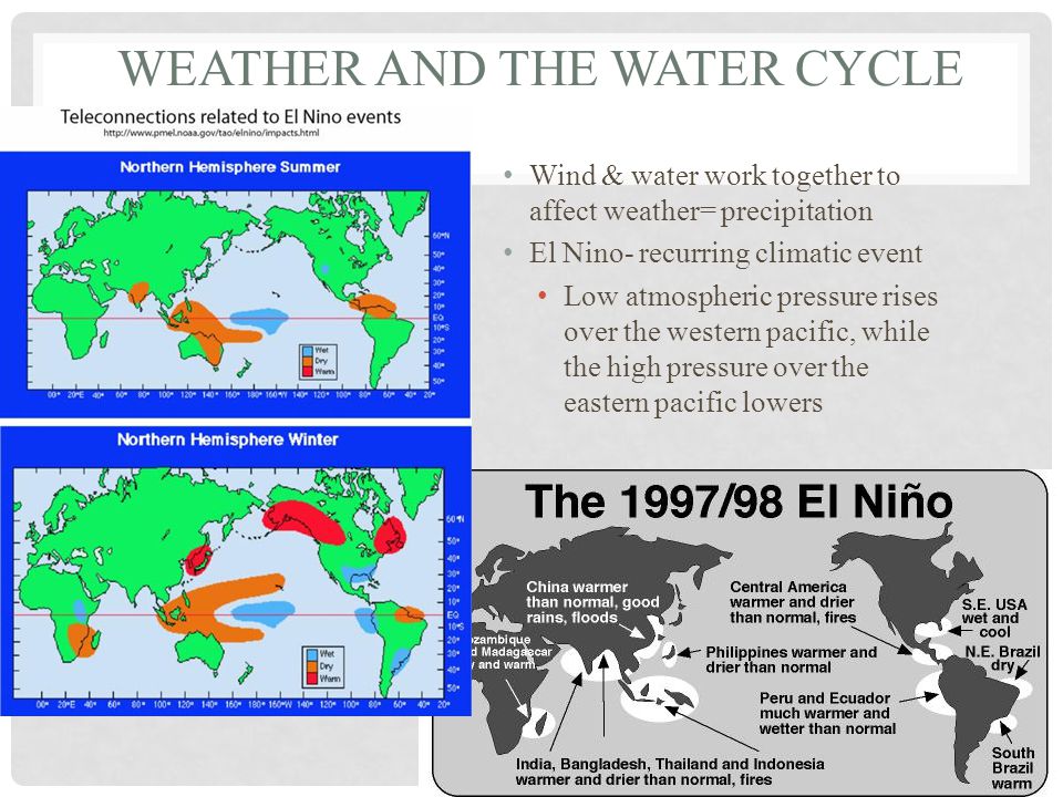 WEATHER AND THE WATER CYCLE Wind & water work together to affect weather= precipitation El Nino- recurring climatic event Low atmospheric pressure rises over the western pacific, while the high pressure over the eastern pacific lowers