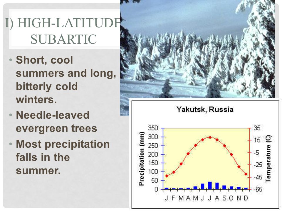 I) HIGH-LATITUDE SUBARTIC Short, cool summers and long, bitterly cold winters.