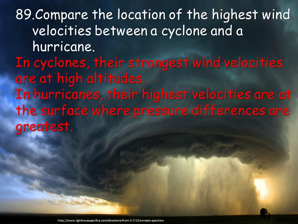 89.Compare the location of the highest wind velocities between a cyclone and a hurricane.