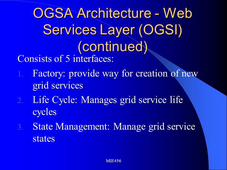 MIE456 OGSA Architecture - Web Services Layer (OGSI) (continued) Consists of 5 interfaces: 1.