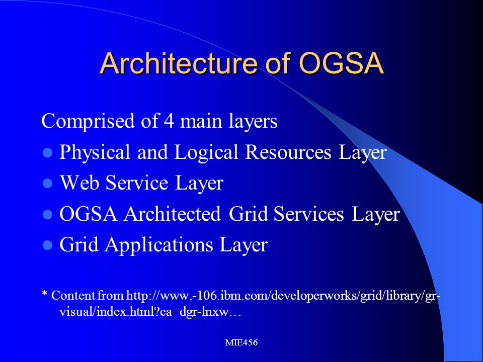 MIE456 Architecture of OGSA Comprised of 4 main layers Physical and Logical Resources Layer Web Service Layer OGSA Architected Grid Services Layer Grid Applications Layer * Content from   visual/index.html ca=dgr-lnxw…