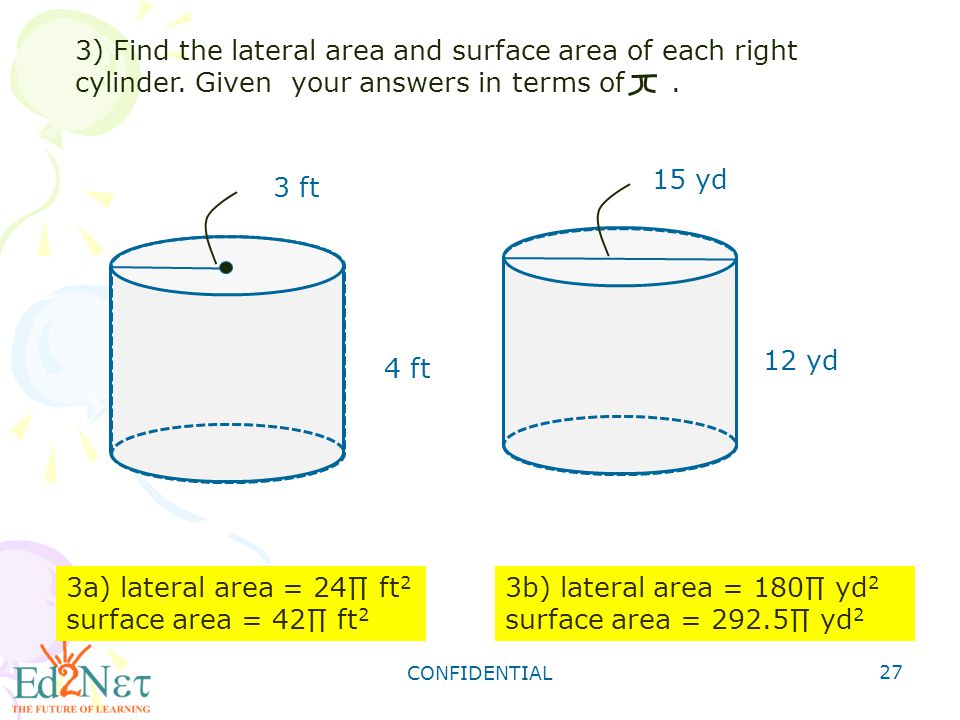 CONFIDENTIAL 27 3) Find the lateral area and surface area of each right cylinder.