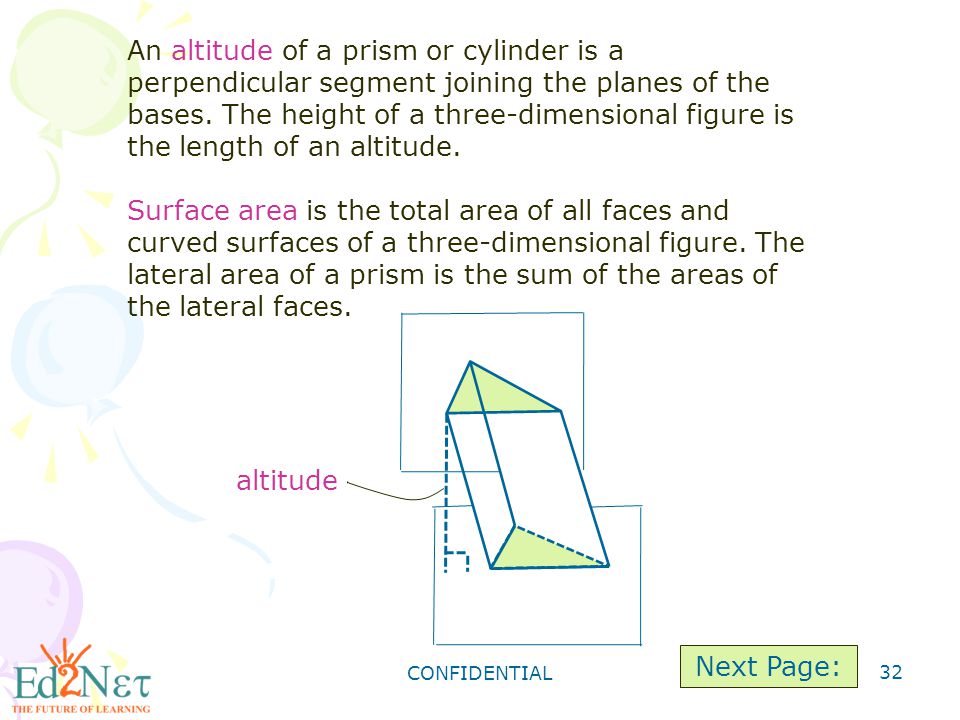CONFIDENTIAL 32 An altitude of a prism or cylinder is a perpendicular segment joining the planes of the bases.