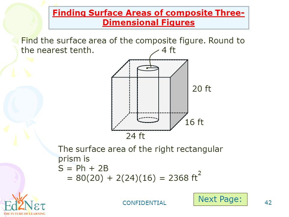 CONFIDENTIAL 42 Finding Surface Areas of composite Three- Dimensional Figures Find the surface area of the composite figure.