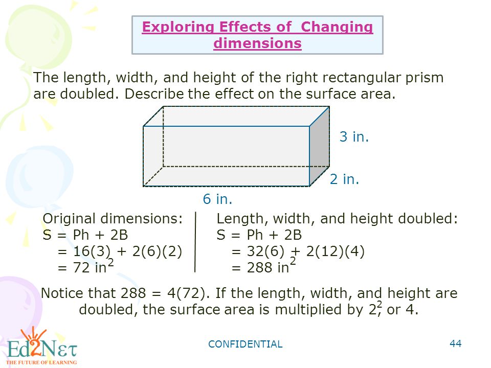 CONFIDENTIAL 44 Exploring Effects of Changing dimensions The length, width, and height of the right rectangular prism are doubled.