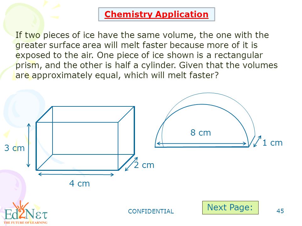 CONFIDENTIAL 45 Chemistry Application 1 cm 8 cm 3 cm 4 cm 2 cm If two pieces of ice have the same volume, the one with the greater surface area will melt faster because more of it is exposed to the air.