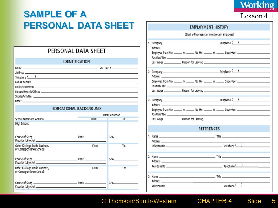 personal data sheet for employment