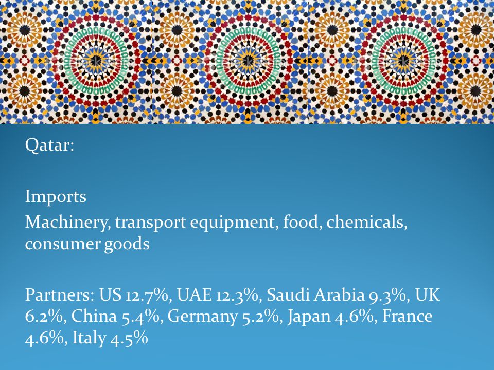 Qatar: Imports Machinery, transport equipment, food, chemicals, consumer goods Partners: US 12.7%, UAE 12.3%, Saudi Arabia 9.3%, UK 6.2%, China 5.4%, Germany 5.2%, Japan 4.6%, France 4.6%, Italy 4.5%