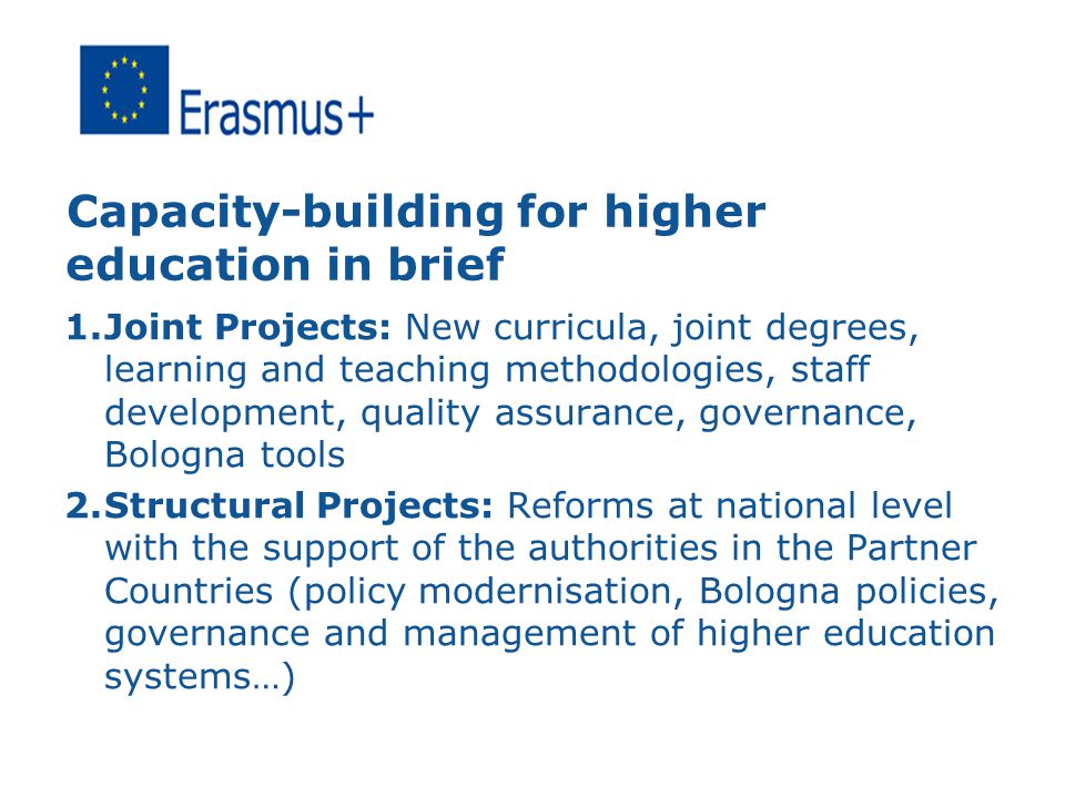 Capacity-building for higher education in brief 1.Joint Projects: New curricula, joint degrees, learning and teaching methodologies, staff development, quality assurance, governance, Bologna tools 2.Structural Projects: Reforms at national level with the support of the authorities in the Partner Countries (policy modernisation, Bologna policies, governance and management of higher education systems…)