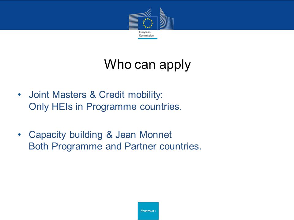 Date: in 12 pts Erasmus+ Who can apply Joint Masters & Credit mobility: Only HEIs in Programme countries.