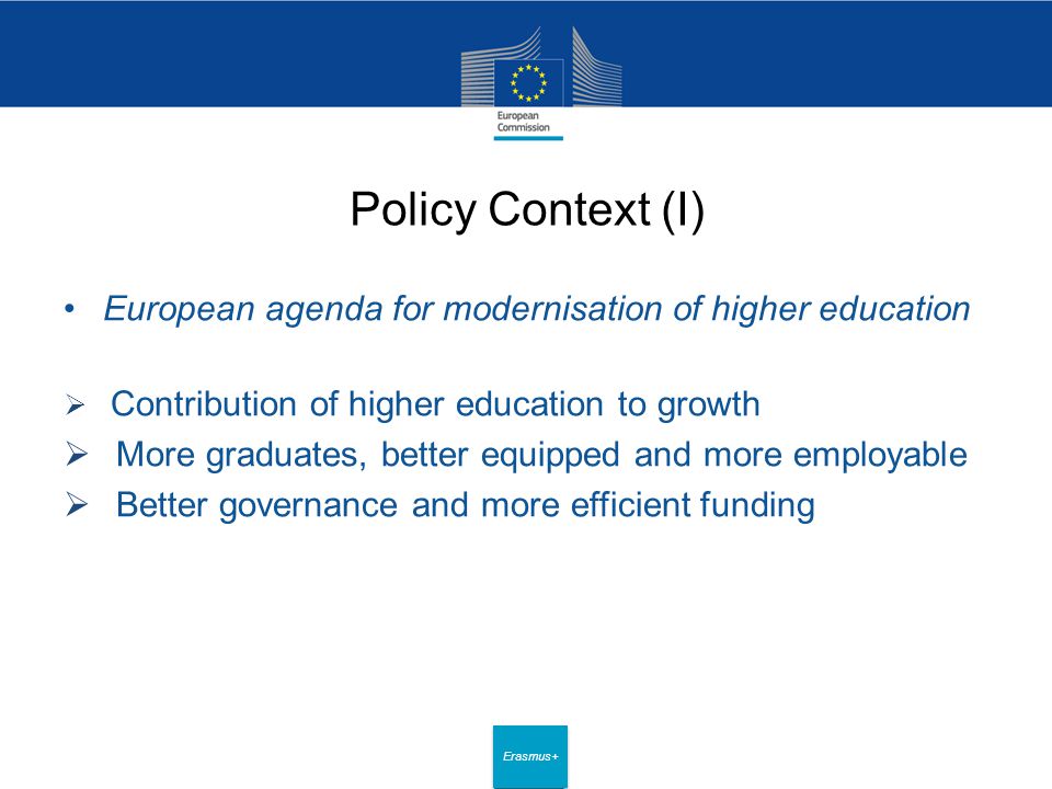Date: in 12 pts Erasmus+ Policy Context (I) European agenda for modernisation of higher education  Contribution of higher education to growth  More graduates, better equipped and more employable  Better governance and more efficient funding