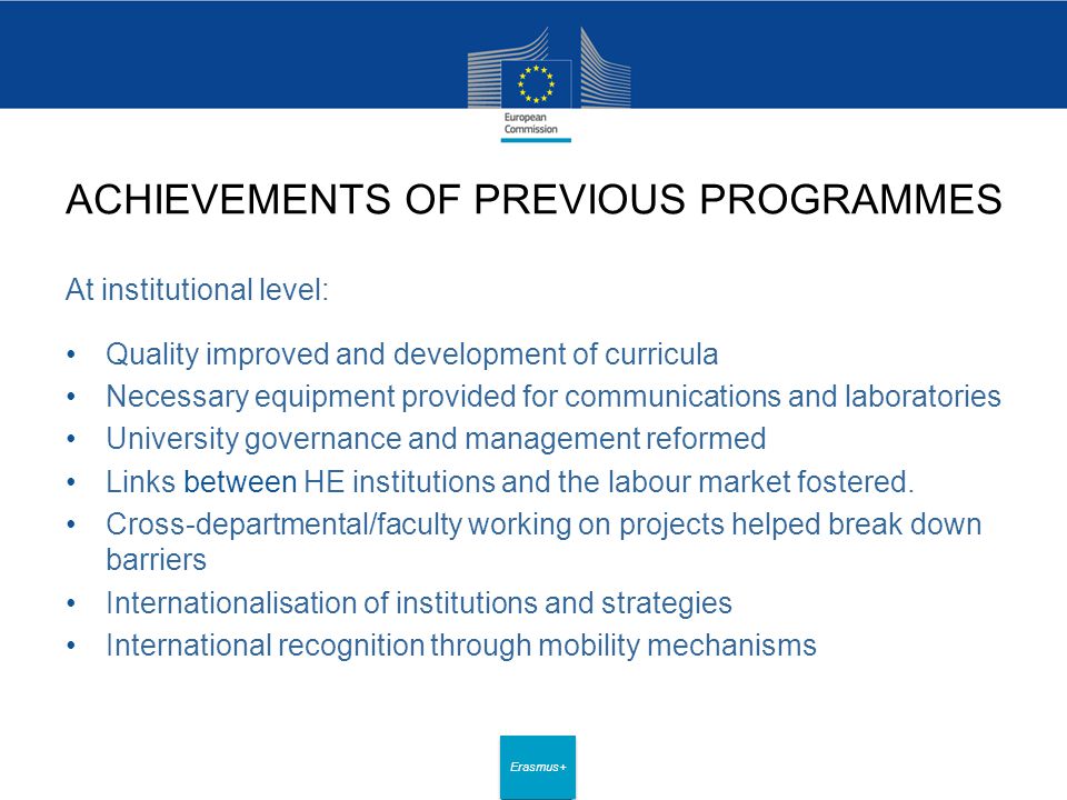 Date: in 12 pts Erasmus+ ACHIEVEMENTS OF PREVIOUS PROGRAMMES At institutional level: Quality improved and development of curricula Necessary equipment provided for communications and laboratories University governance and management reformed Links between HE institutions and the labour market fostered.