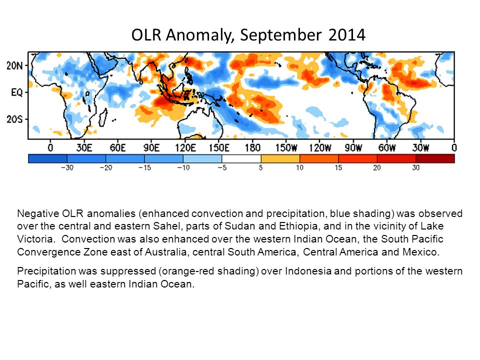 OLR Anomaly, September 2014 Negative OLR anomalies (enhanced convection and precipitation, blue shading) was observed over the central and eastern Sahel, parts of Sudan and Ethiopia, and in the vicinity of Lake Victoria.