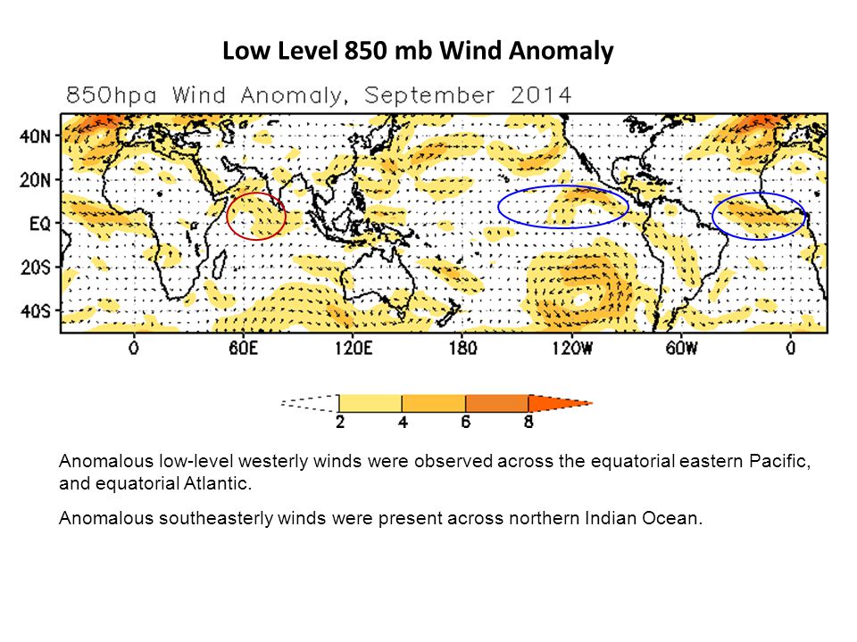 Low Level 850 mb Wind Anomaly Anomalous low-level westerly winds were observed across the equatorial eastern Pacific, and equatorial Atlantic.
