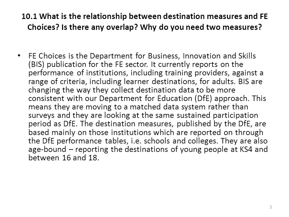 10.1 What is the relationship between destination measures and FE Choices.