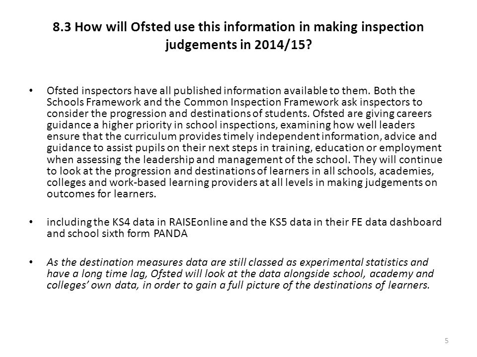8.3 How will Ofsted use this information in making inspection judgements in 2014/15.