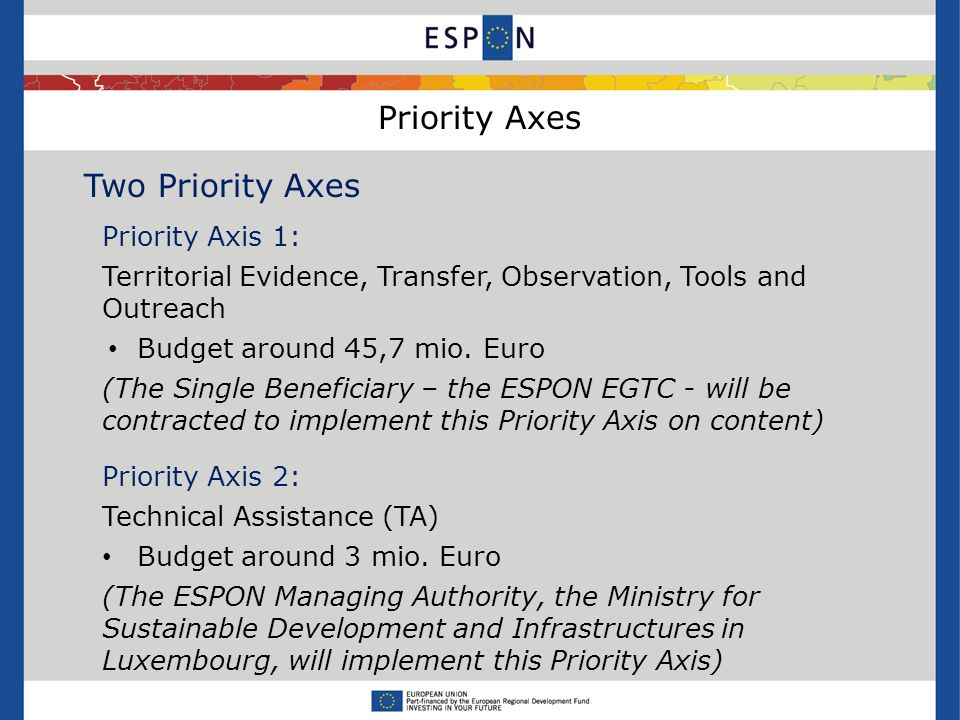 Priority Axes Two Priority Axes Priority Axis 1: Territorial Evidence, Transfer, Observation, Tools and Outreach Budget around 45,7 mio.