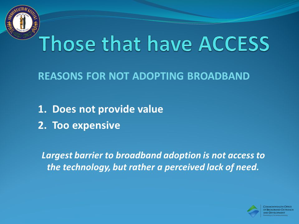 REASONS FOR NOT ADOPTING BROADBAND 1. Does not provide value 2.