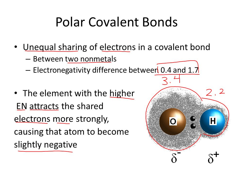 Polar Covalent Bonds Unequal sharing of electrons in a covalent bond – Between two nonmetals – Electronegativity difference between 0.4 and 1.7 The element with the higher EN attracts the shared electrons more strongly, causing that atom to become slightly negative