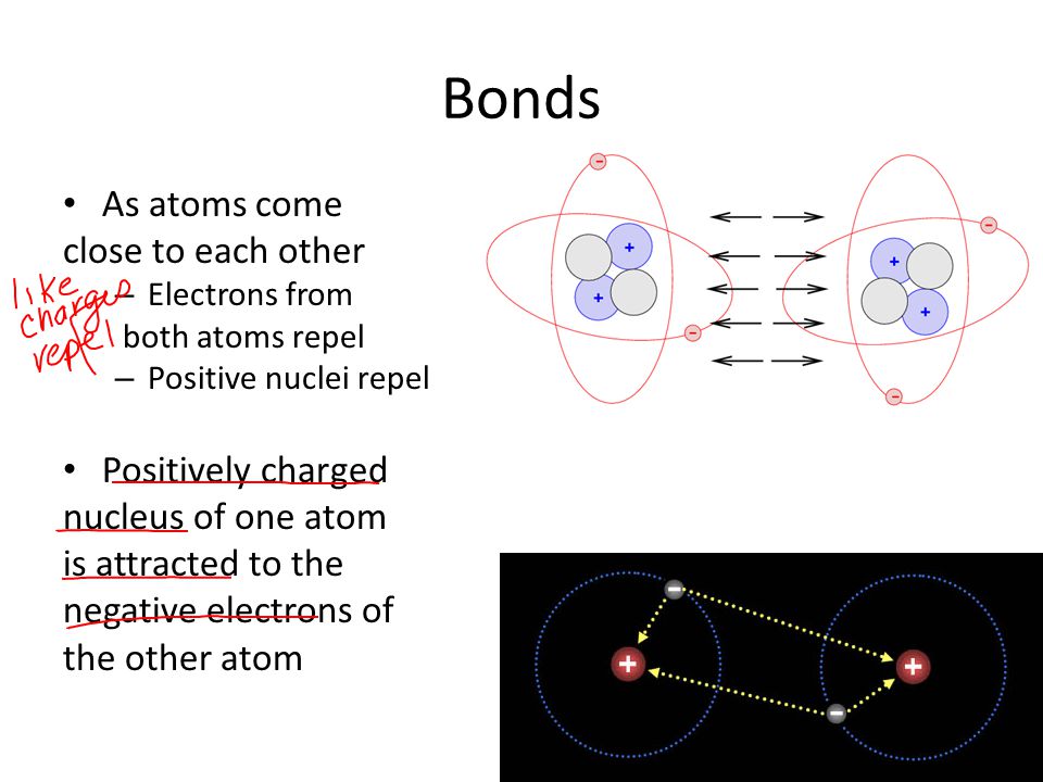 Bonds As atoms come close to each other – Electrons from both atoms repel – Positive nuclei repel Positively charged nucleus of one atom is attracted to the negative electrons of the other atom