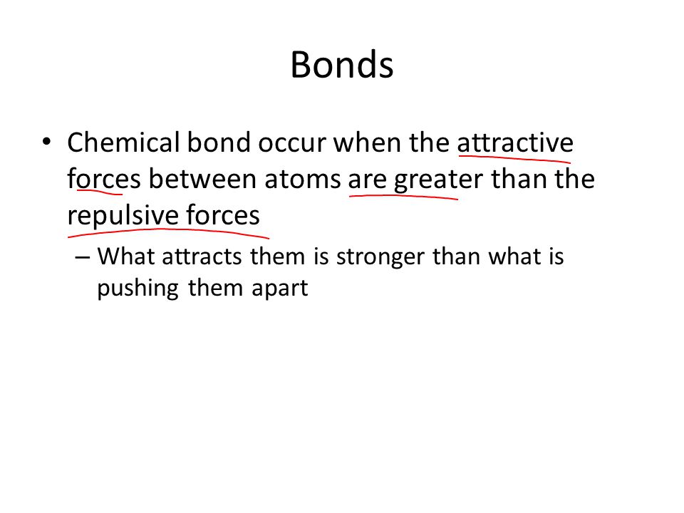 Bonds Chemical bond occur when the attractive forces between atoms are greater than the repulsive forces – What attracts them is stronger than what is pushing them apart