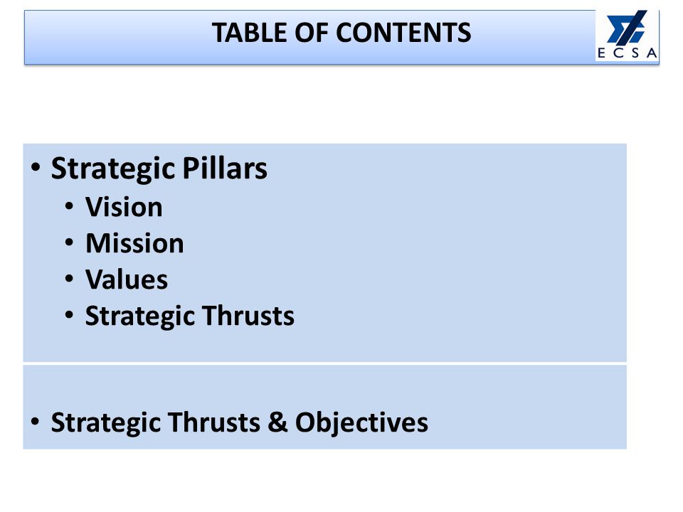 Strategic Pillars Vision Mission Values Strategic Thrusts Strategic Thrusts & Objectives TABLE OF CONTENTS