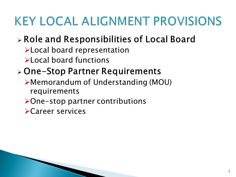3  Role and Responsibilities of Local Board  Local board representation  Local board functions  One-Stop Partner Requirements  Memorandum of Understanding (MOU) requirements  One-stop partner contributions  Career services