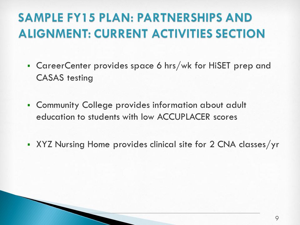  CareerCenter provides space 6 hrs/wk for HiSET prep and CASAS testing  Community College provides information about adult education to students with low ACCUPLACER scores  XYZ Nursing Home provides clinical site for 2 CNA classes/yr 9