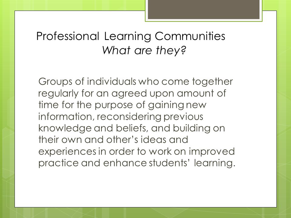 Professional Learning Communities What are they.