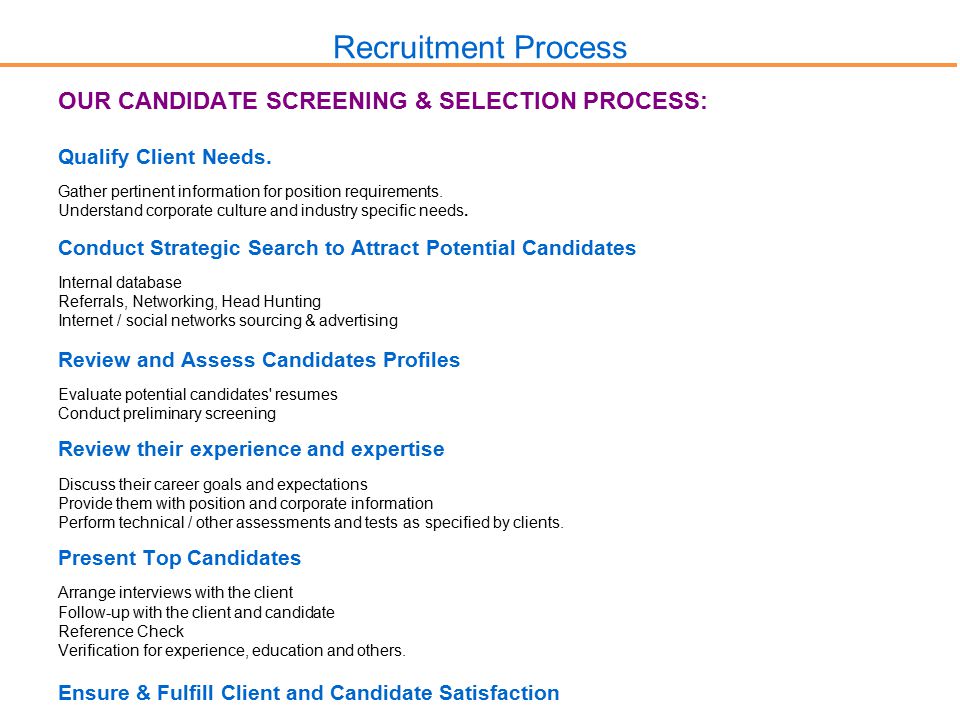 Recruitment Process OUR CANDIDATE SCREENING & SELECTION PROCESS: Qualify Client Needs.