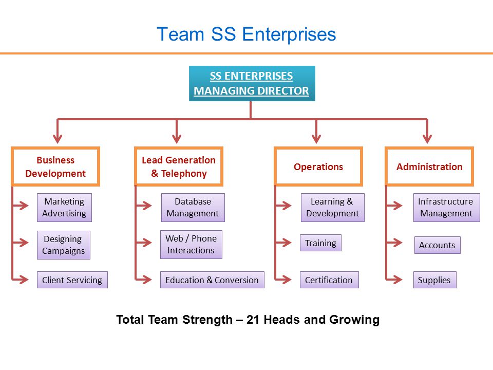 Team SS Enterprises AdministrationOperations Lead Generation & Telephony SS ENTERPRISES MANAGING DIRECTOR Marketing Advertising Designing Campaigns Client Servicing Database Management Web / Phone Interactions Education & Conversion Learning & Development Training Certification Accounts Supplies Business Development Infrastructure Management Total Team Strength – 21 Heads and Growing