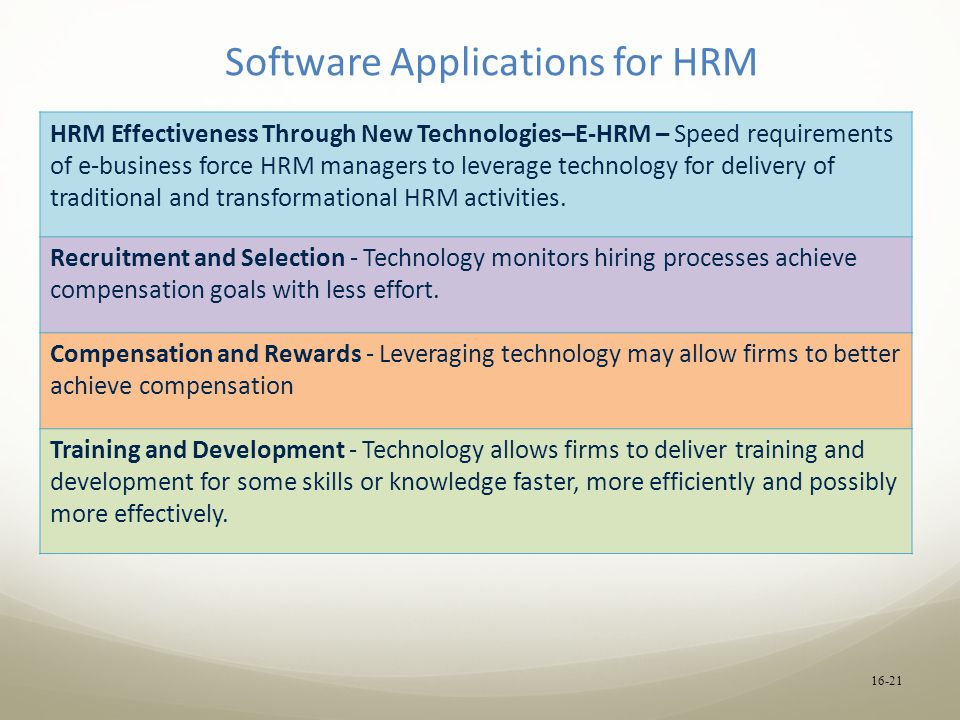 Software Applications for HRM HRM Effectiveness Through New Technologies–E-HRM – Speed requirements of e-business force HRM managers to leverage technology for delivery of traditional and transformational HRM activities.
